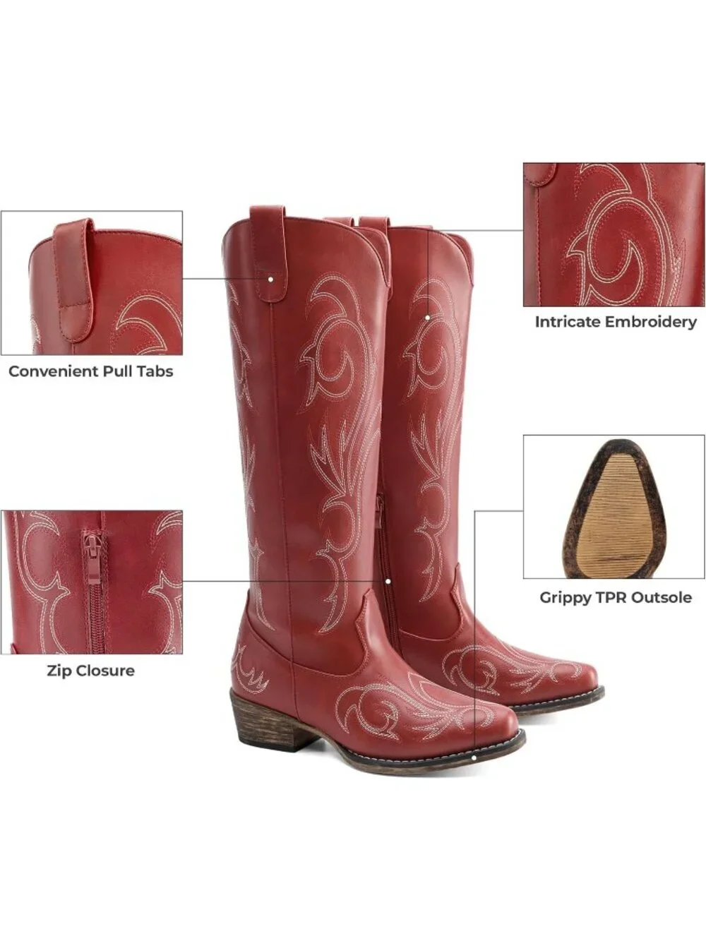 Women's Red Rubber Cowgirl Knee High Pointed Toe Block Heel Embroiderd Boots